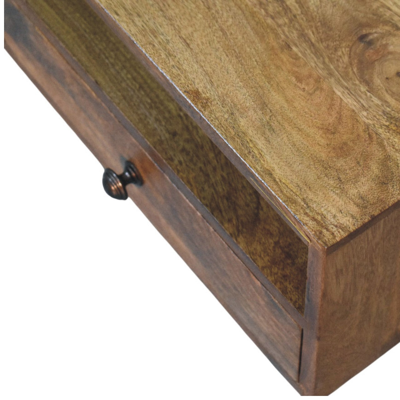 Amber Oak Open Media Unit in Solid Mango Wood - product view 4 showing handcrafted solid mango wood tv stand