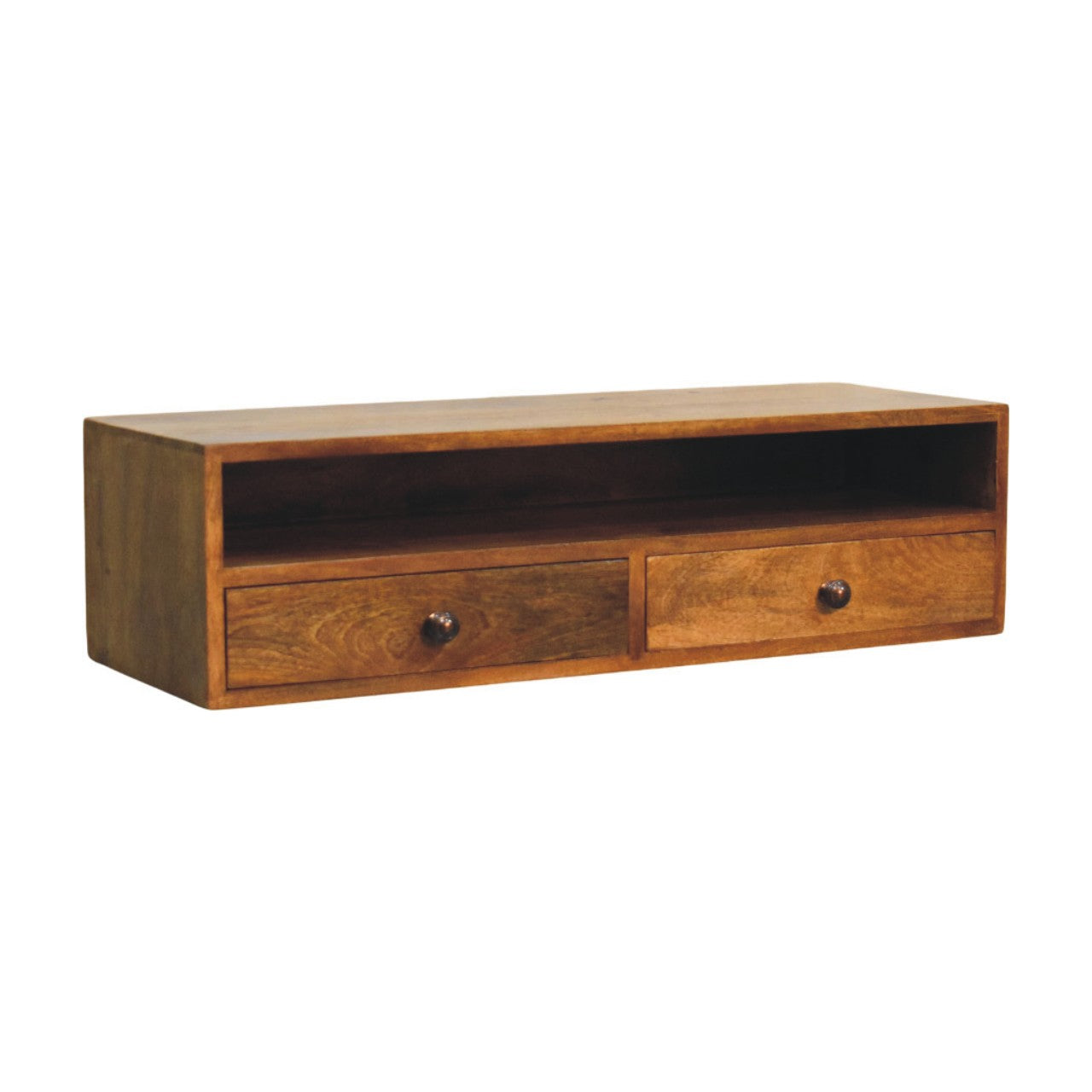Amber Oak Open Media Unit in Solid Mango Wood - product view 2 showing handcrafted solid mango wood tv stand