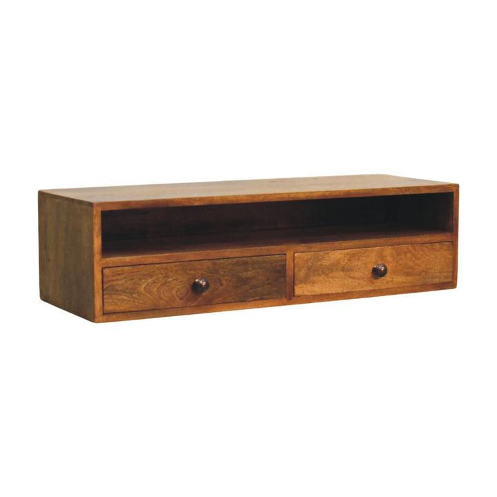 Amber Oak Open Media Unit in Solid Mango Wood - product view 2 showing handcrafted solid mango wood tv stand