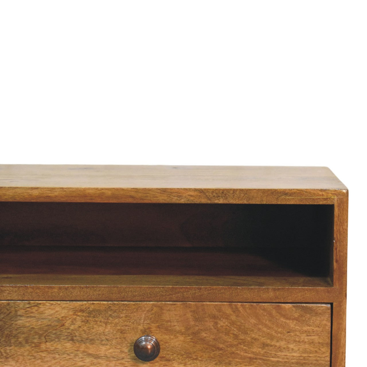 Amber Oak Open Media Unit in Solid Mango Wood - product view 6 showing handcrafted solid mango wood tv stand