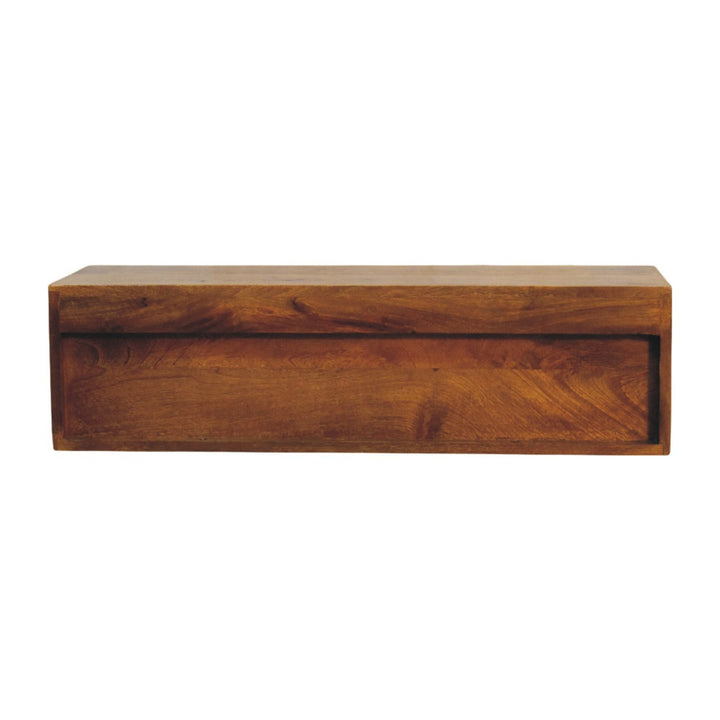 Amber Oak Open Media Unit in Solid Mango Wood - product view 8 showing handcrafted solid mango wood tv stand