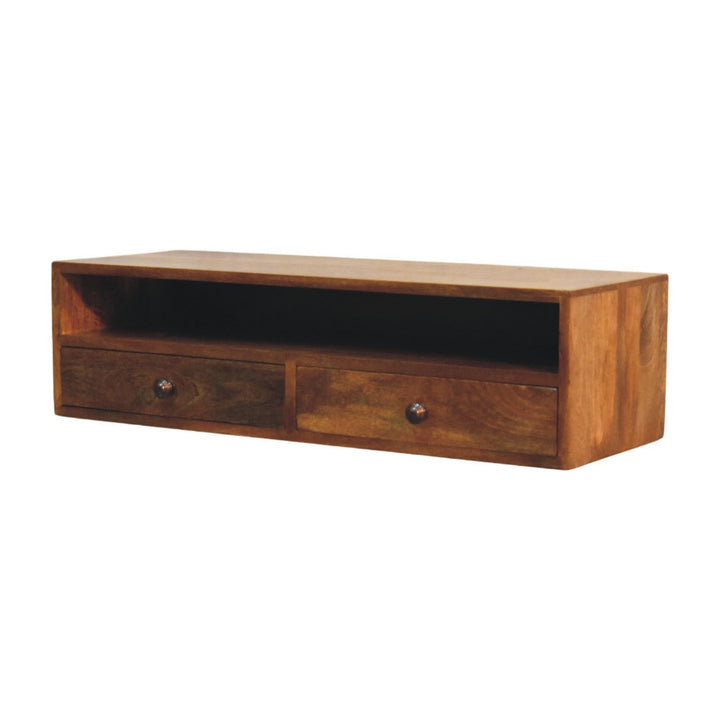 Amber Oak Open Media Unit in Solid Mango Wood - main view showing handcrafted solid mango wood tv stand