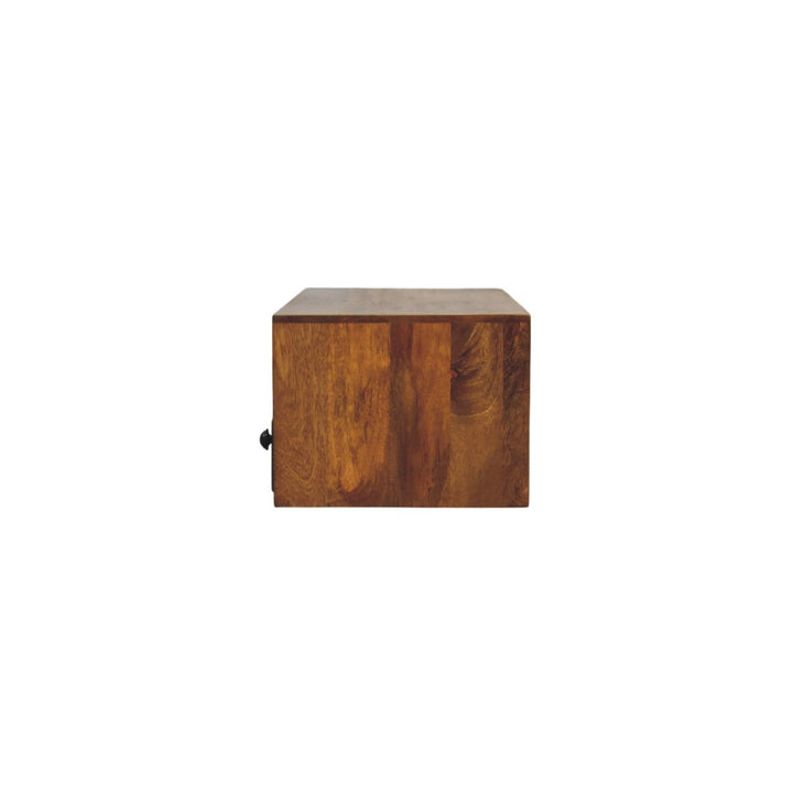Amber Oak Open Media Unit in Solid Mango Wood - product view 7 showing handcrafted solid mango wood tv stand
