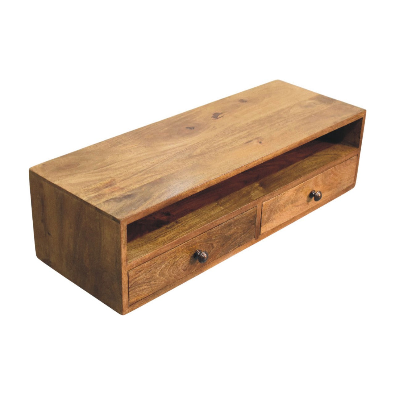Amber Oak Open Media Unit in Solid Mango Wood - product view 3 showing handcrafted solid mango wood tv stand