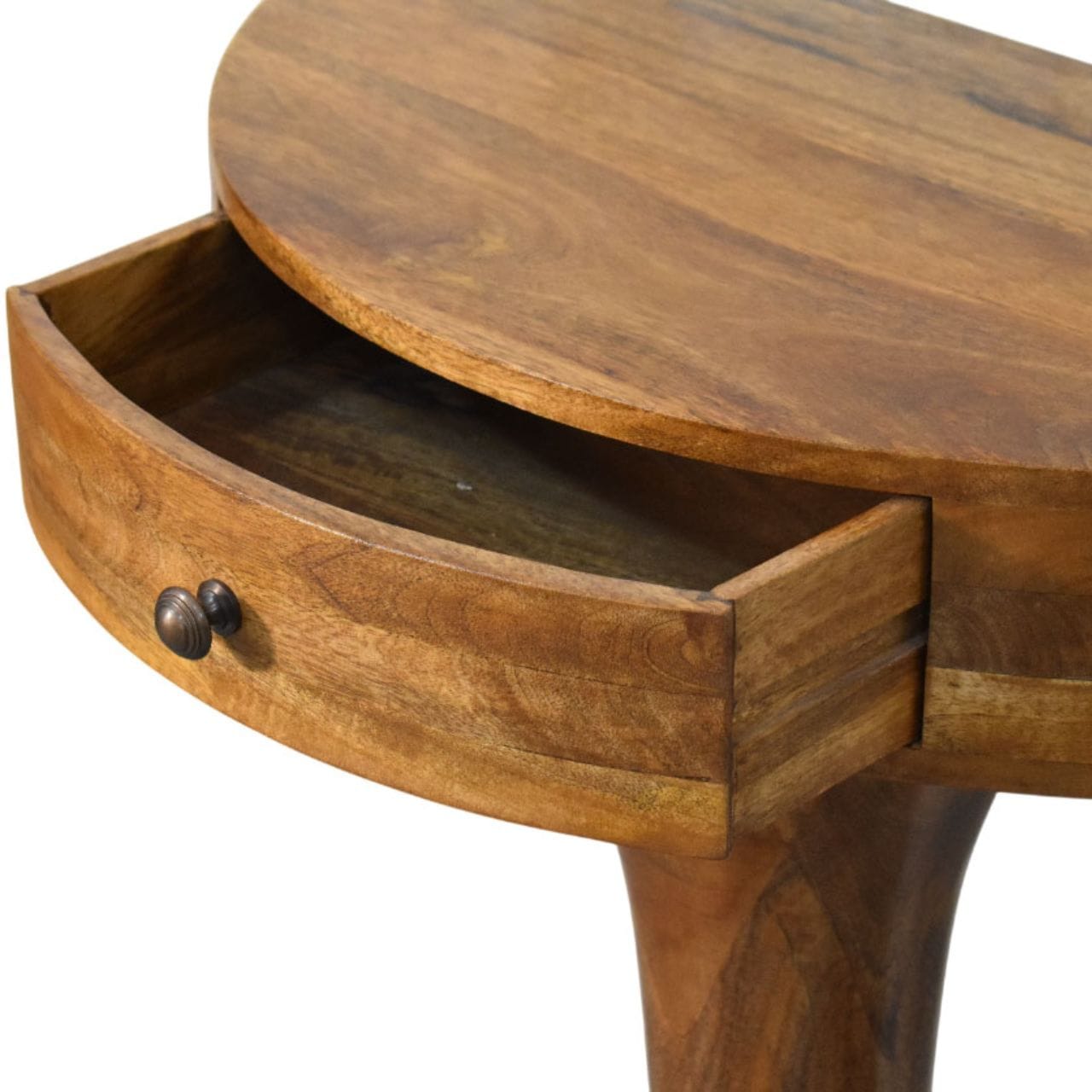 Amber Oak Pedestal Console Table in Solid Mango Wood - product view 5 showing handcrafted solid mango wood console table