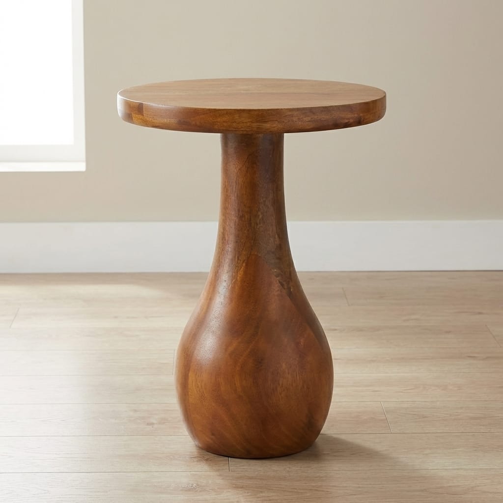 Amber Pedestal Side Table - Solid Mango Wood End table - main view showing handcrafted solid mango wood side table