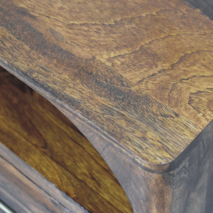Arc Chestnut Bedside Table - Solid Mango Wood Nightstand with Drawer & Open Shelf - product view 6 showing handcrafted...