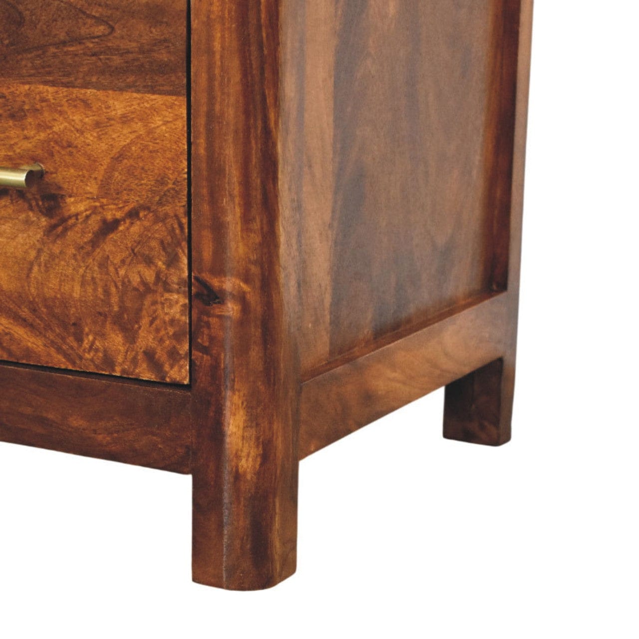 Arc Chestnut Bedside Table - Solid Mango Wood Nightstand with Drawer & Open Shelf - product view 8 showing handcrafted...
