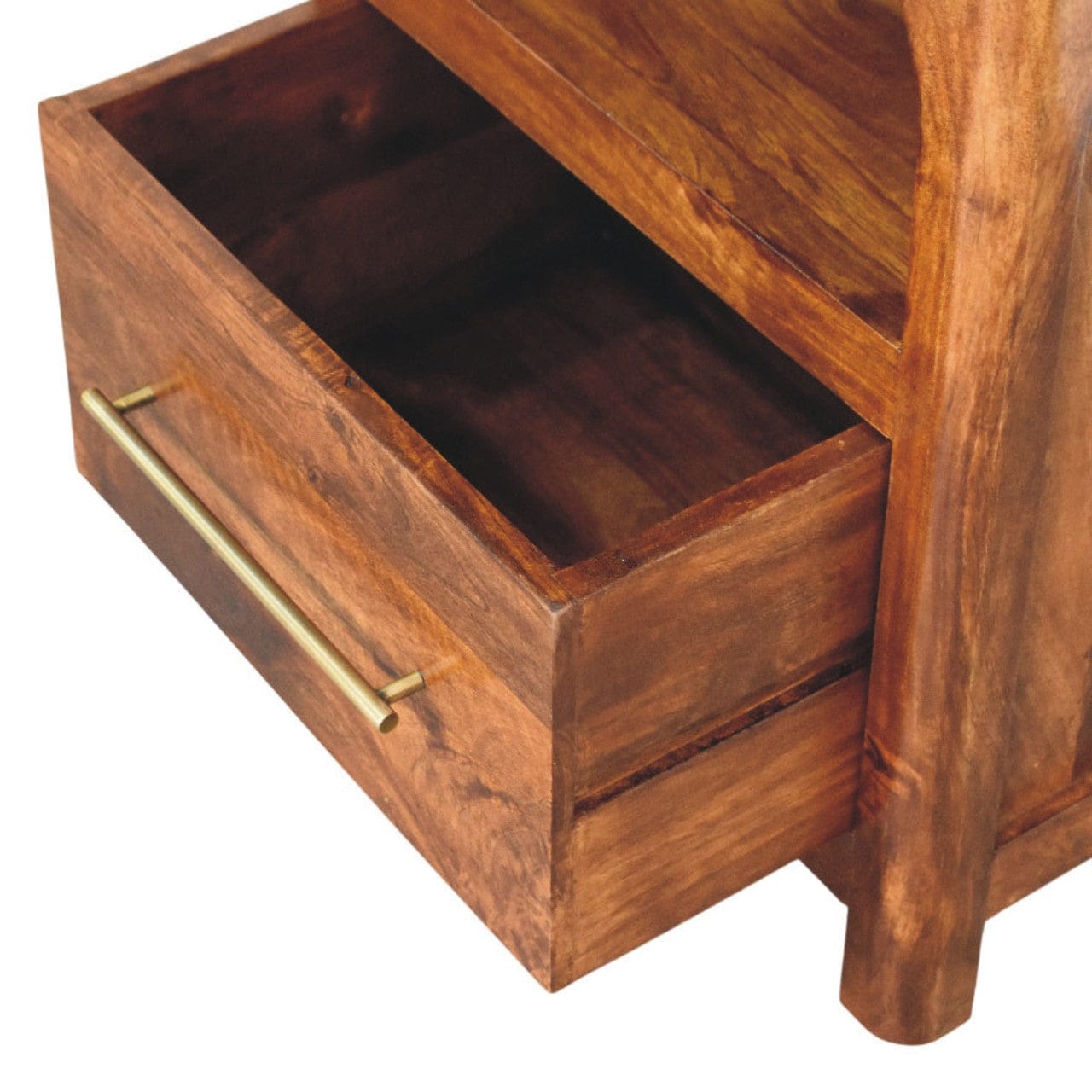 Arc Chestnut Bedside Table - Solid Mango Wood Nightstand with Drawer & Open Shelf - product view 7 showing handcrafted...