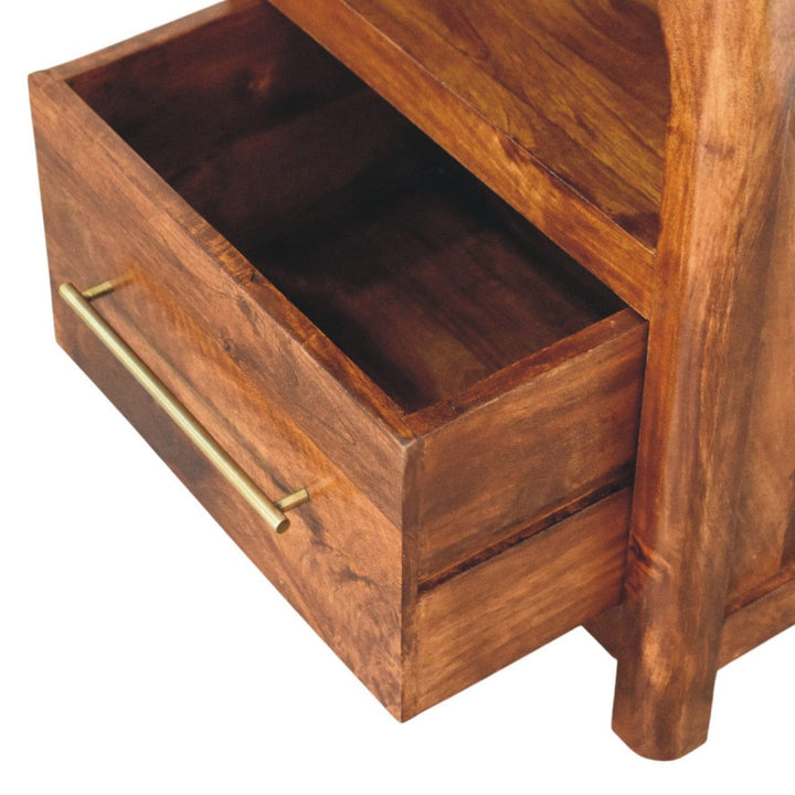 Arc Chestnut Bedside Table - Solid Mango Wood Nightstand with Drawer & Open Shelf - product view 7 showing handcrafted...