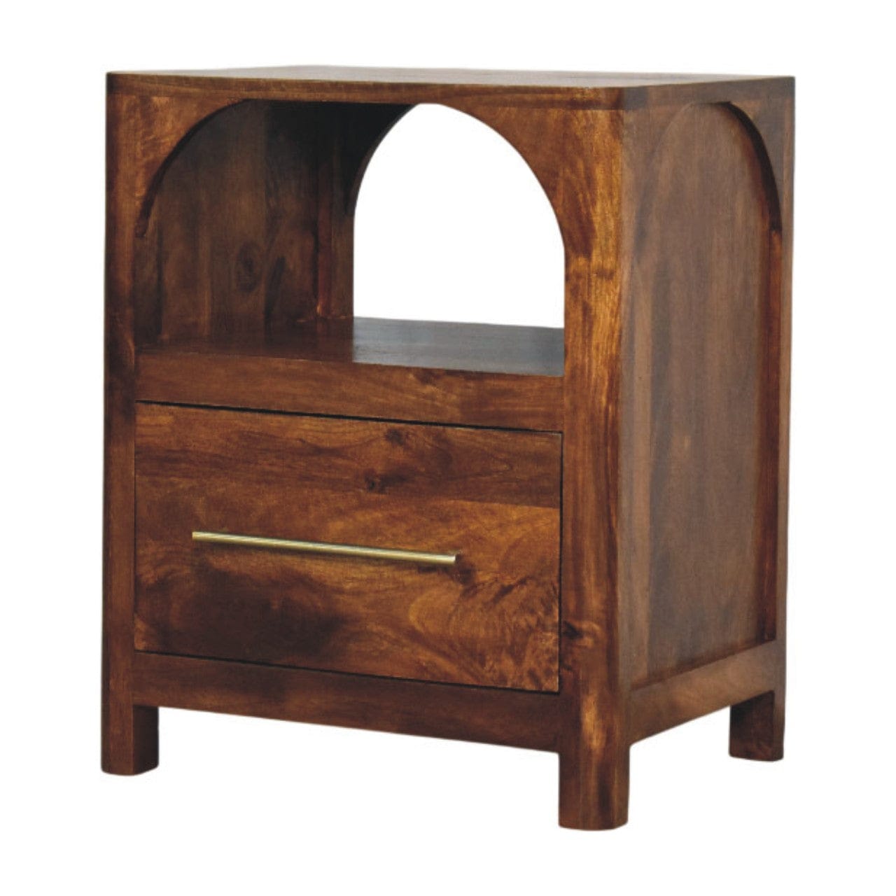 Arc Chestnut Bedside Table - Solid Mango Wood Nightstand with Drawer & Open Shelf - product view 4 showing handcrafted...