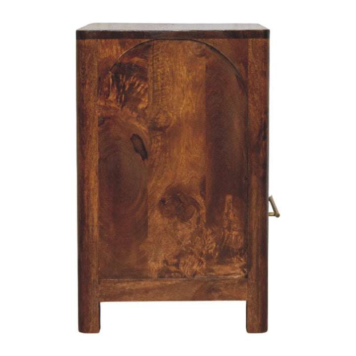 Arc Chestnut Bedside Table - Solid Mango Wood Nightstand with Drawer & Open Shelf - product view 9 showing handcrafted...