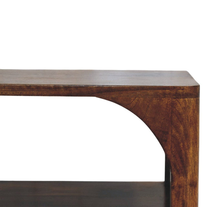 Arc Chestnut Bedside Table - Solid Mango Wood Nightstand with Drawer & Open Shelf - product view 5 showing handcrafted...