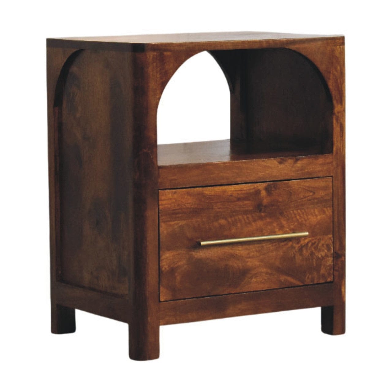 Arc Chestnut Bedside Table - Solid Mango Wood Nightstand with Drawer & Open Shelf - product view 3 showing handcrafted...