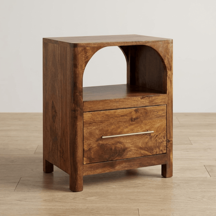 Arc Chestnut Bedside Table - Solid Mango Wood Nightstand with Drawer & Open Shelf - main view showing handcrafted solid...