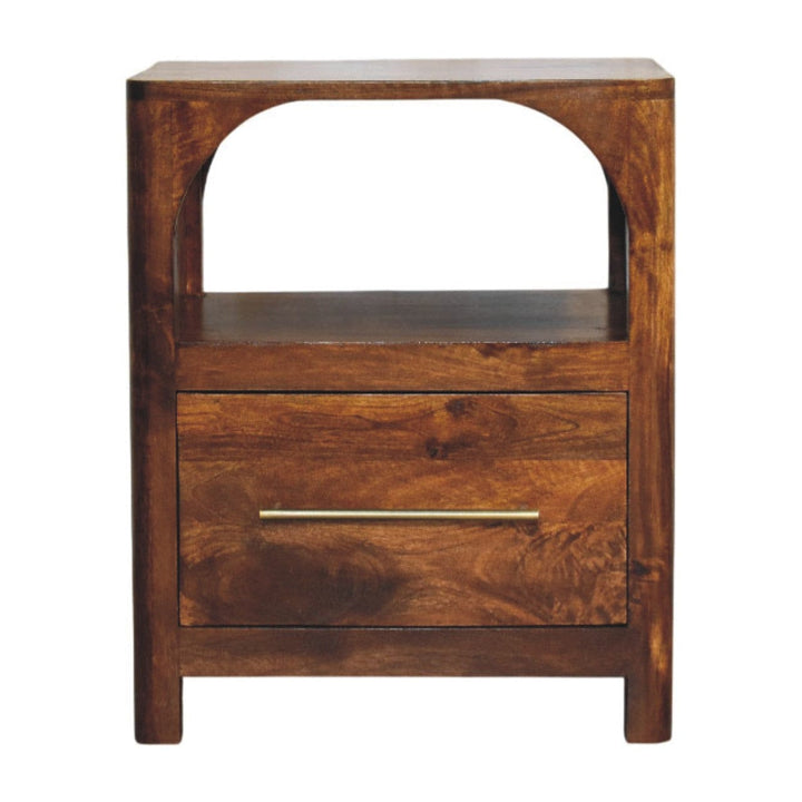 Arc Chestnut Bedside Table - Solid Mango Wood Nightstand with Drawer & Open Shelf - product view 2 showing handcrafted...