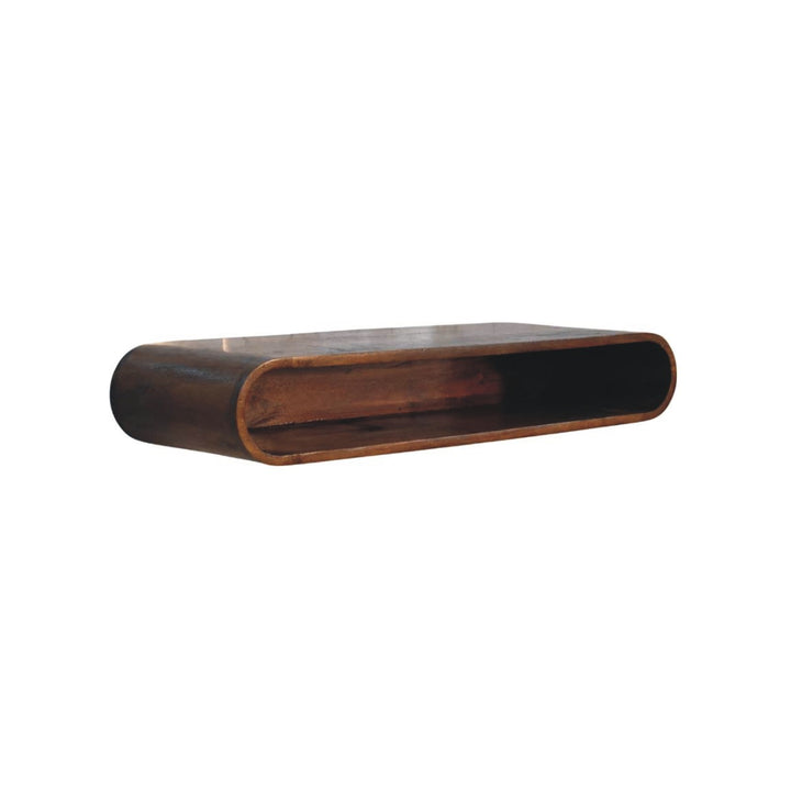 Arc Wall-Mounted Media Console in warm Chestnut wood with a curved design, ideal for modern interiors.