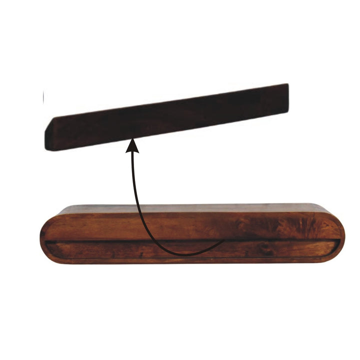 Arc Wall-Mounted Media Console showing the floating design and warm Chestnut finish, highlighting its craftsmanship.