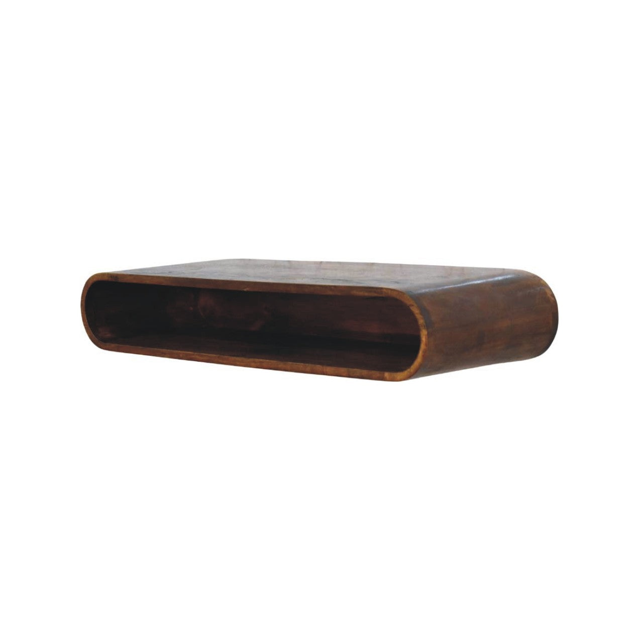 Arc Wall-Mounted Media Console showcasing a curved design and warm Chestnut finish, ideal for modern interiors.