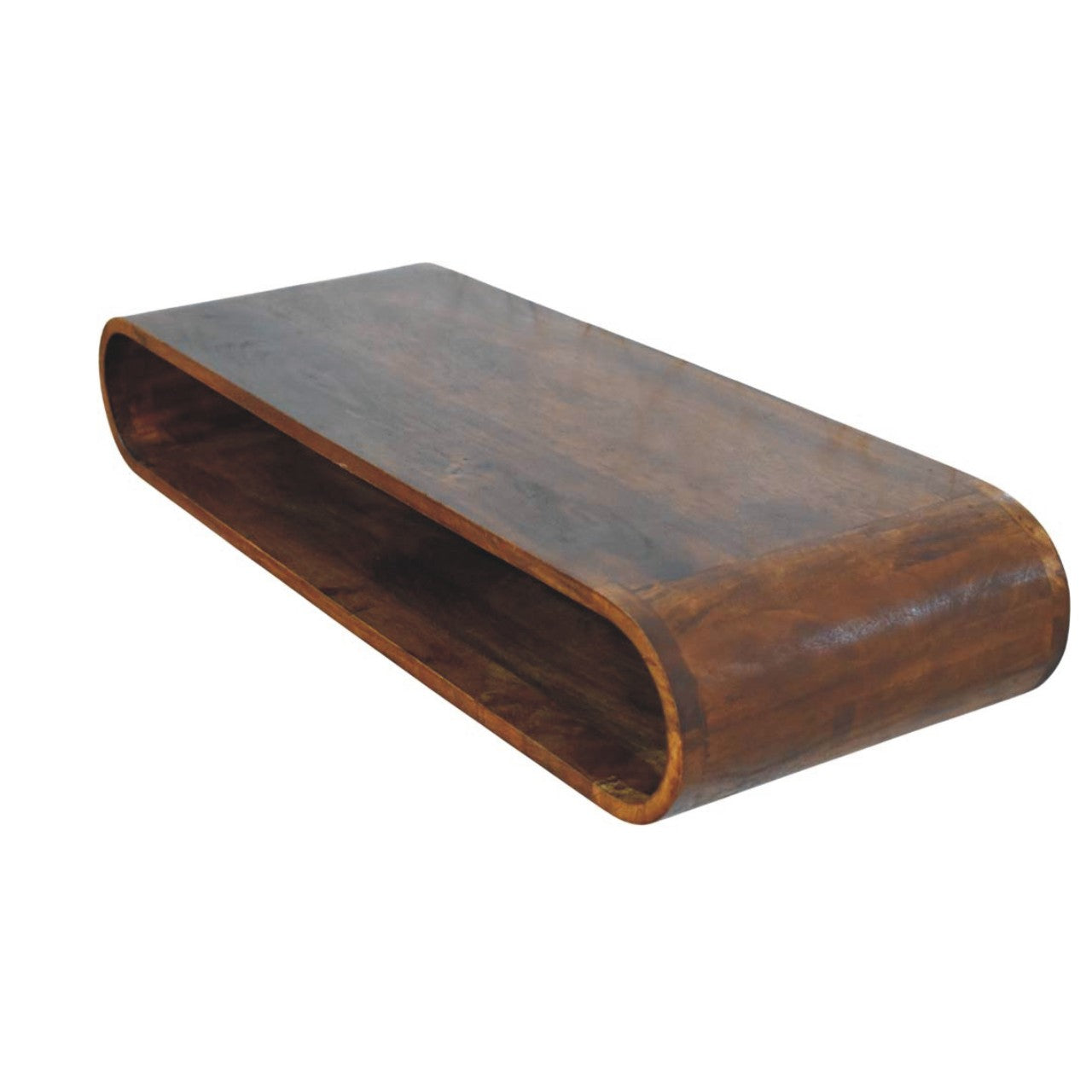 Arc Wall-Mounted Media Console showcasing a curved silhouette in warm Chestnut finish, ideal for modern interiors.