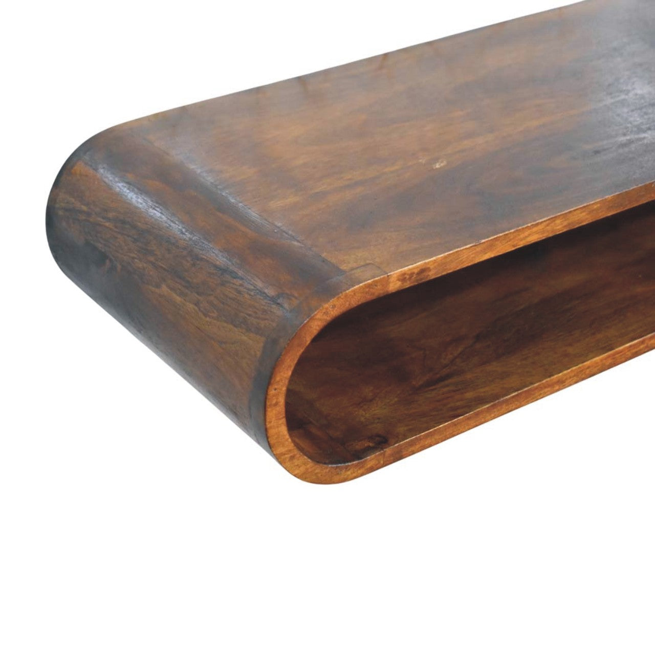Close-up of the Arc Wall-Mounted Media Console showing its curved design and warm Chestnut finish.