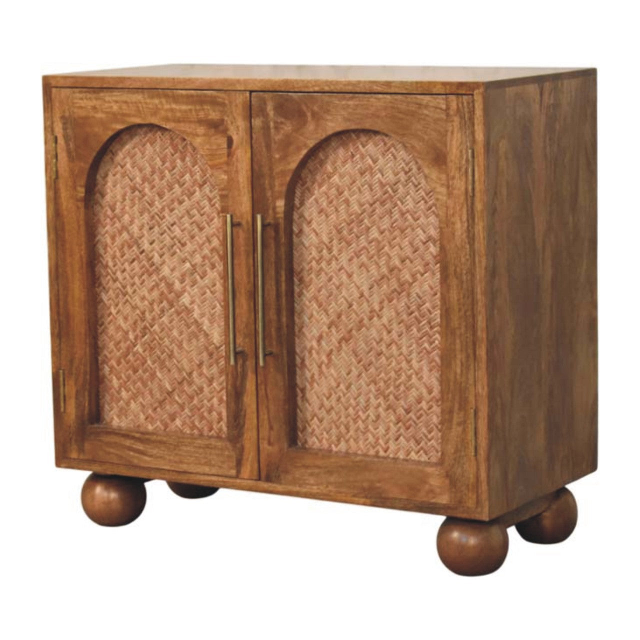 Golden Teak Arched Rattan Sideboard in Solid Mango Wood - main view showing handcrafted solid mango wood sideboard