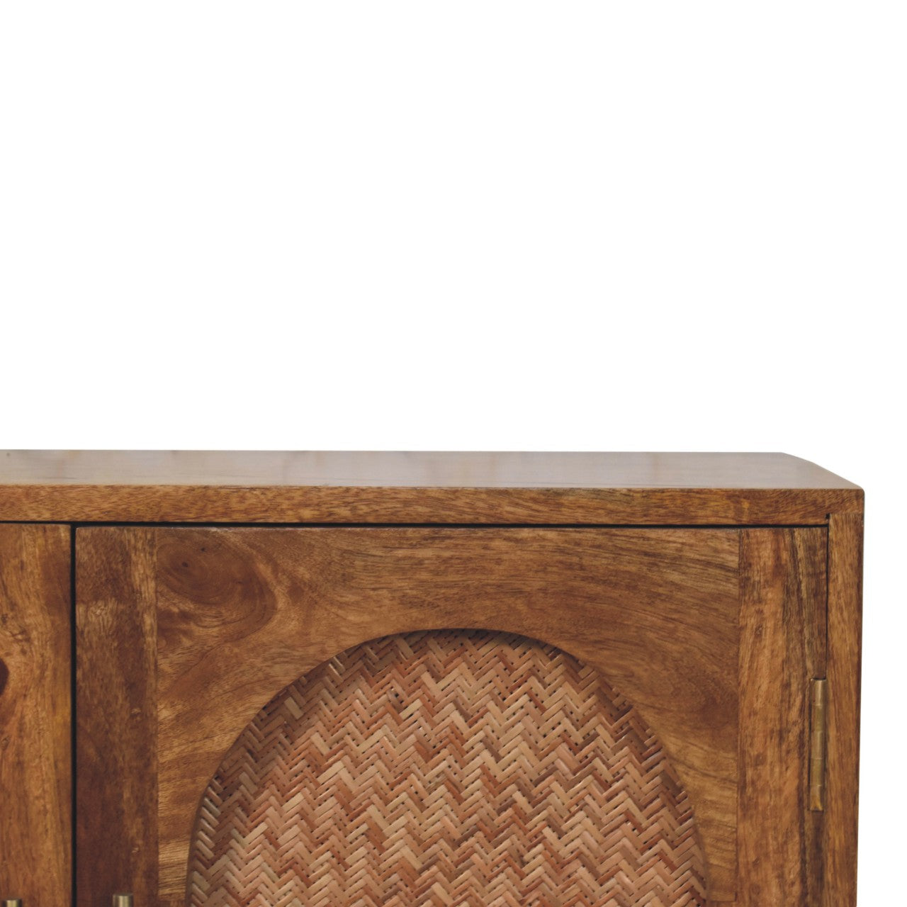 Golden Teak Arched Rattan Sideboard in Solid Mango Wood - product view 3 showing handcrafted solid mango wood sideboard