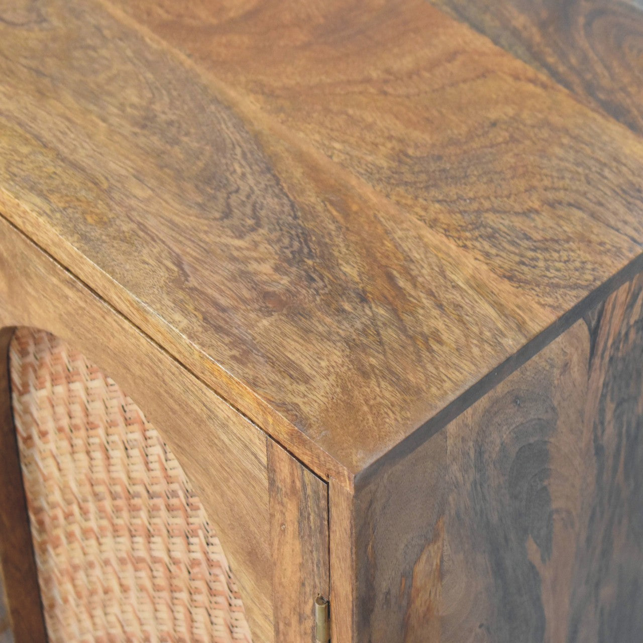 Golden Teak Arched Rattan Sideboard in Solid Mango Wood - product view 4 showing handcrafted solid mango wood sideboard