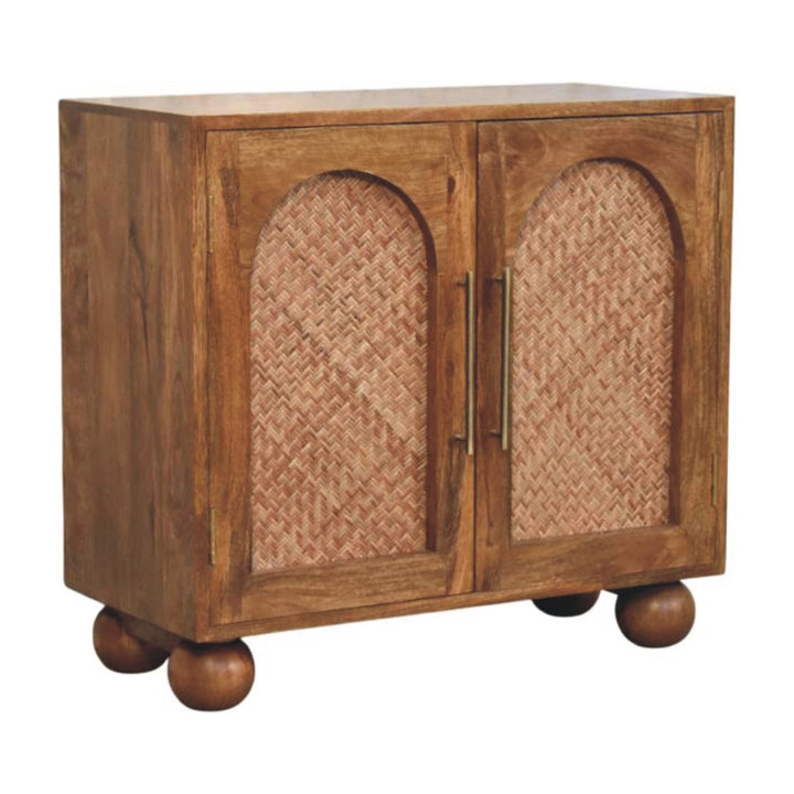 Golden Teak Arched Rattan Sideboard in Solid Mango Wood - product view 2 showing handcrafted solid mango wood sideboard