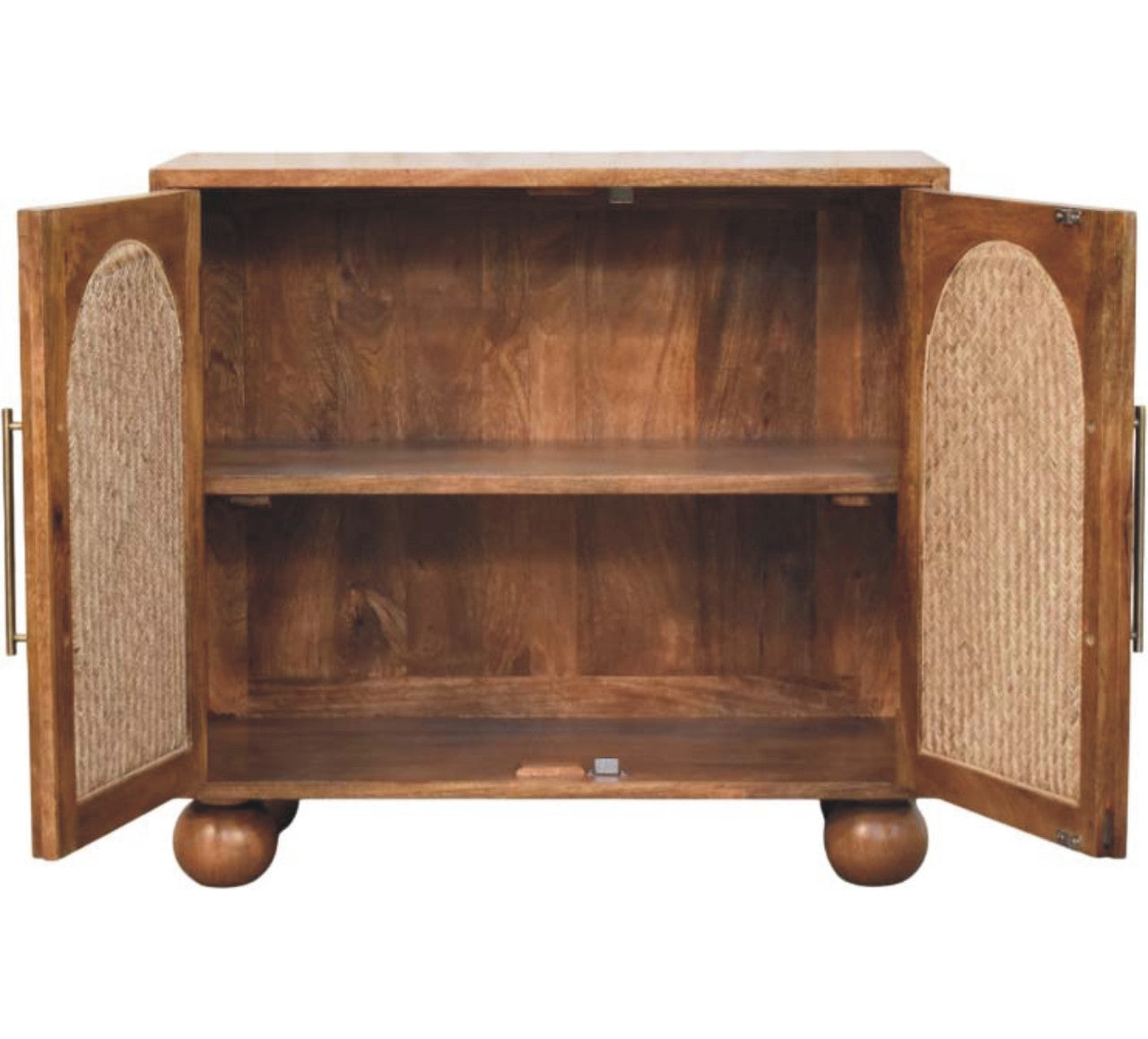 Golden Teak Arched Rattan Sideboard in Solid Mango Wood - product view 5 showing handcrafted solid mango wood sideboard