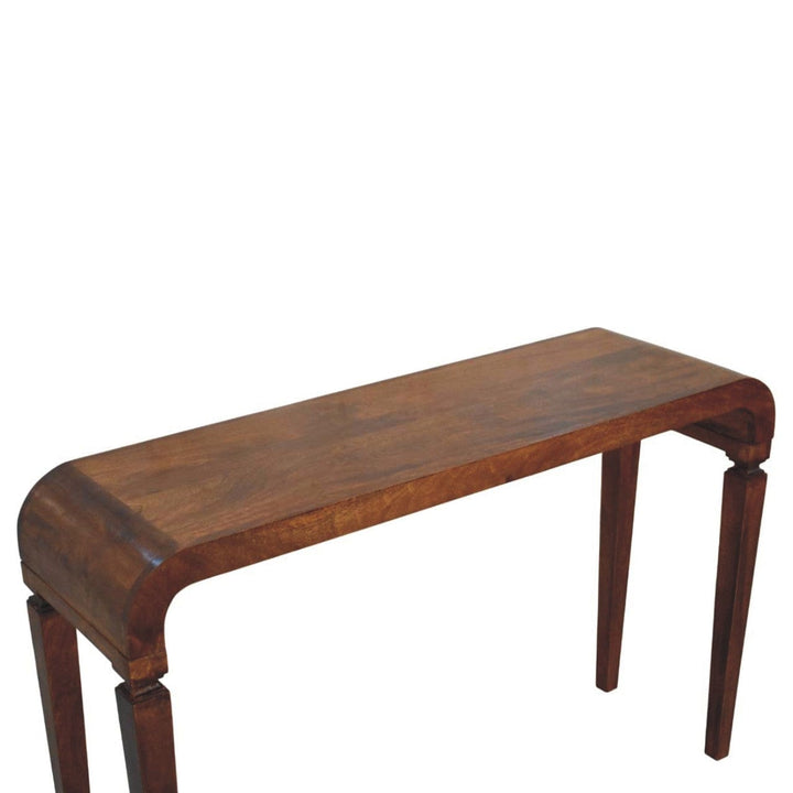Chestnut Arcus Curved Console Table in Solid Mango Wood - product view 5 showing handcrafted solid mango wood console table