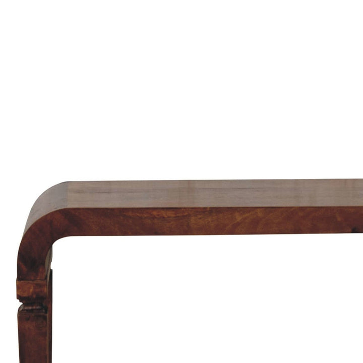Chestnut Arcus Curved Console Table in Solid Mango Wood - product view 3 showing handcrafted solid mango wood console table