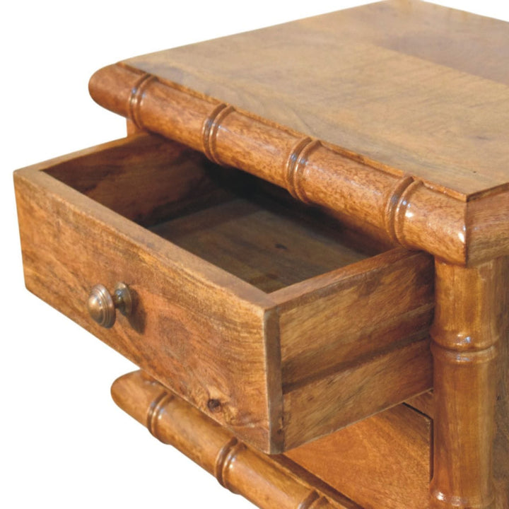 Bamboo Bedside Table in Amber Oak Tone - Solid Mango Wood Nightstand - product view 7 showing handcrafted solid mango...