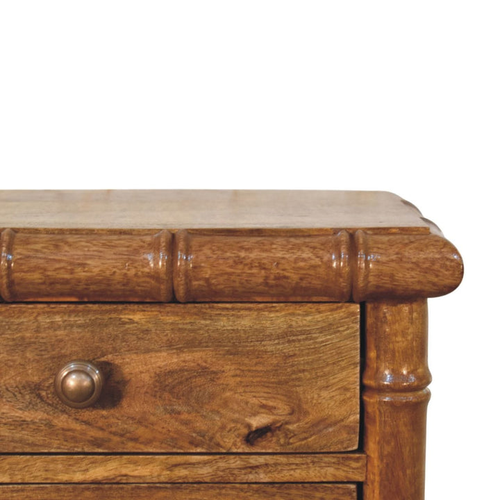 Bamboo Bedside Table in Amber Oak Tone - Solid Mango Wood Nightstand - product view 4 showing handcrafted solid mango...