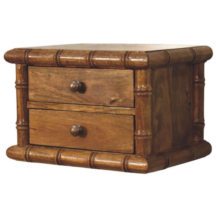 Bamboo Bedside Table in Amber Oak Tone - Solid Mango Wood Nightstand - product view 2 showing handcrafted solid mango...