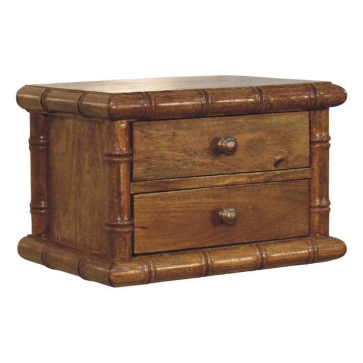 Bamboo Bedside Table in Amber Oak Tone - Solid Mango Wood Nightstand - product view 3 showing handcrafted solid mango...