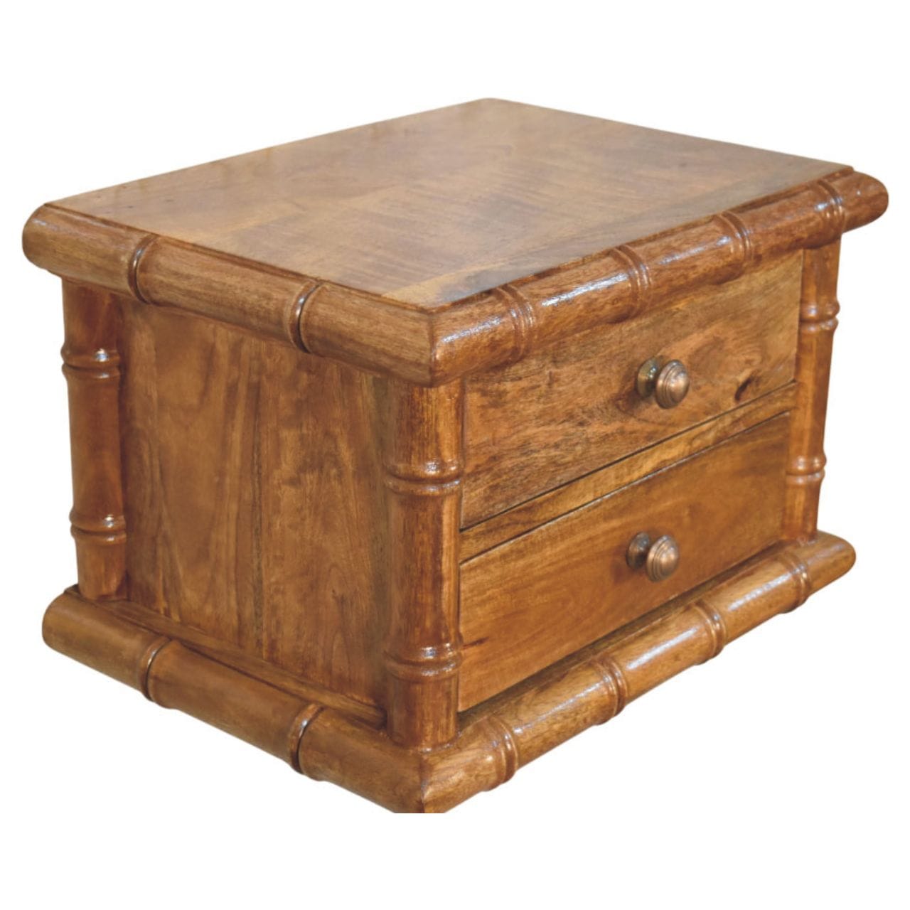 Bamboo Bedside Table in Amber Oak Tone - Solid Mango Wood Nightstand - product view 5 showing handcrafted solid mango...