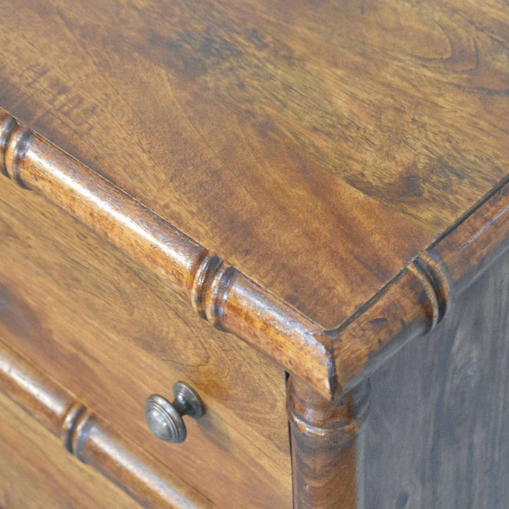 Bamboo Chestnut 3 Drawer Chest - Solid Mango Wood Storage Dresser - product view 5 showing handcrafted solid mango wood...