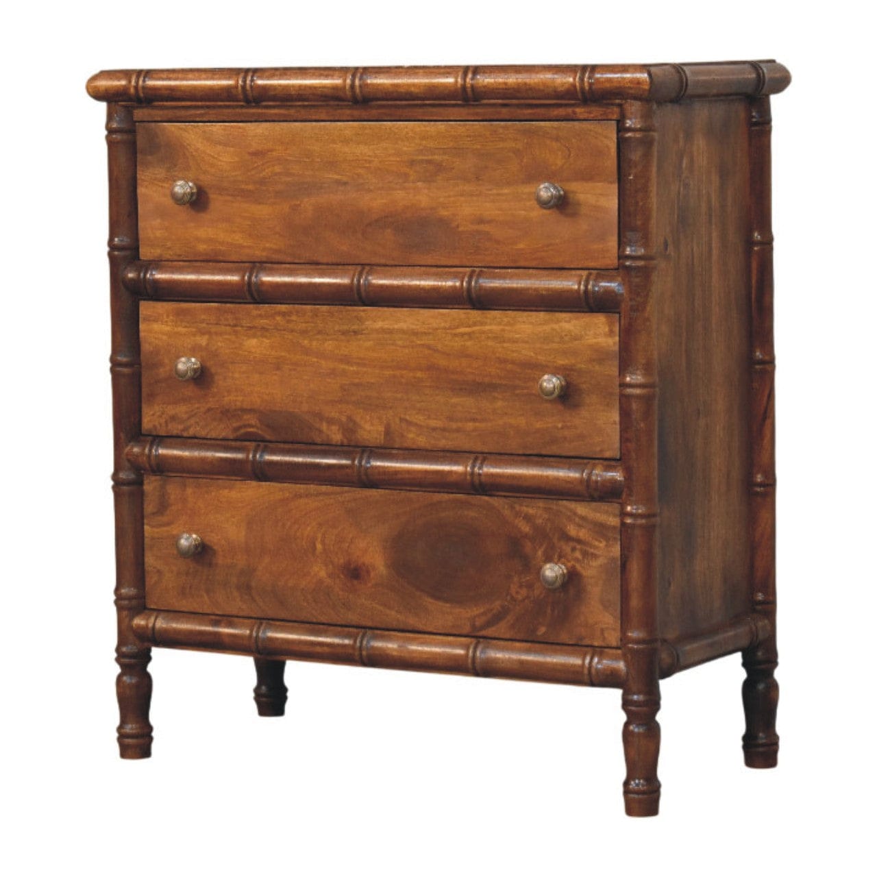 Bamboo Chestnut 3 Drawer Chest - Solid Mango Wood Storage Dresser - product view 3 showing handcrafted solid mango wood...
