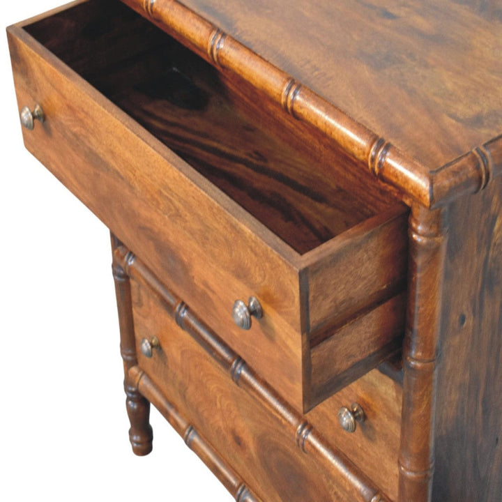 Bamboo Chestnut 3 Drawer Chest - Solid Mango Wood Storage Dresser - product view 6 showing handcrafted solid mango wood...