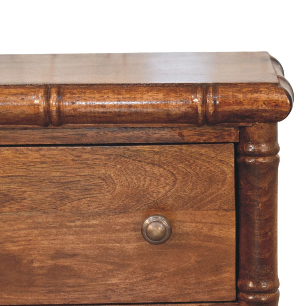 Bamboo Chestnut 3 Drawer Chest - Solid Mango Wood Storage Dresser - product view 4 showing handcrafted solid mango wood...