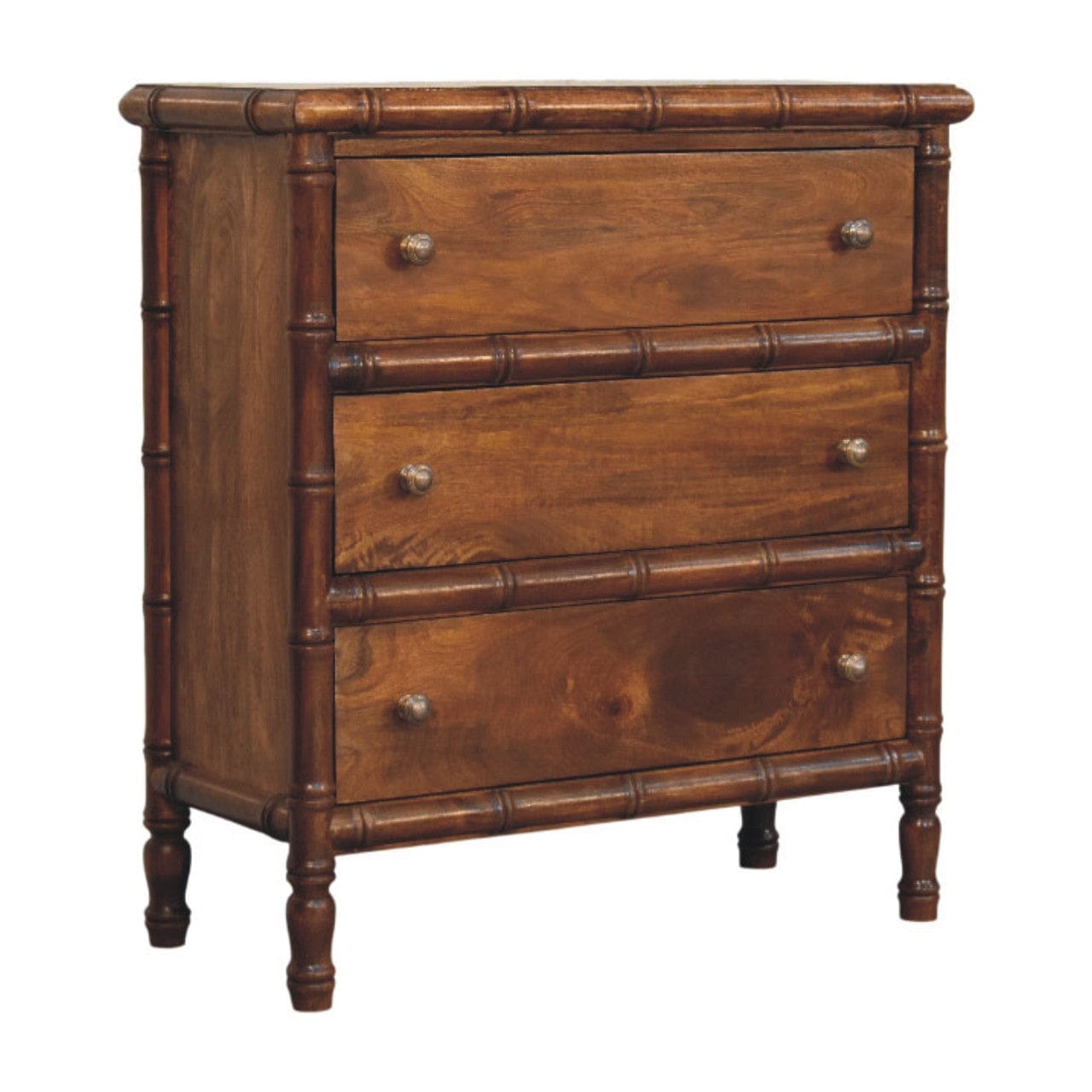 Bamboo Chestnut 3 Drawer Chest - Solid Mango Wood Storage Dresser - product view 2 showing handcrafted solid mango wood...