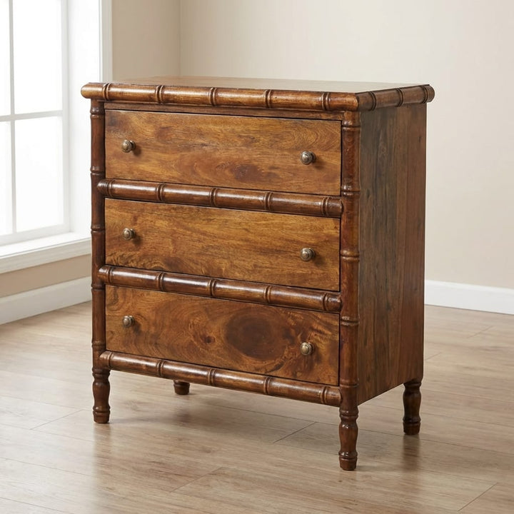 Bamboo Chestnut 3 Drawer Chest - Solid Mango Wood Storage Dresser - main view showing handcrafted solid mango wood dresser