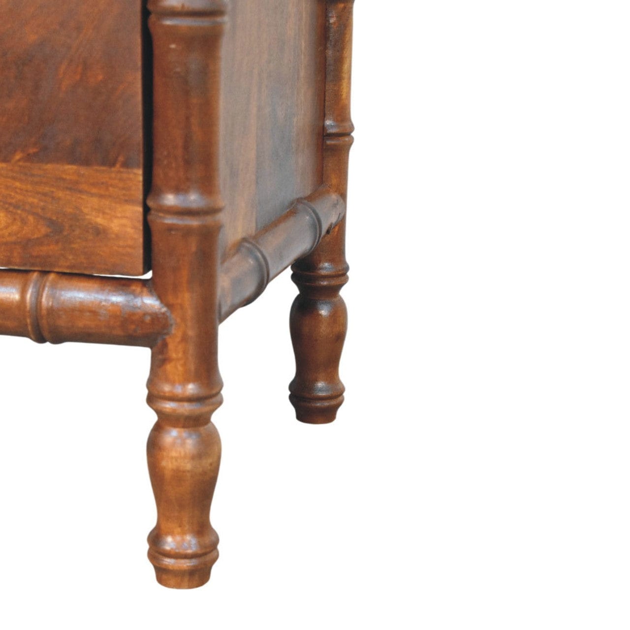 Bamboo Framed Chestnut Bedside Table - Solid Mango Wood Nightstand with Drawers - product view 6 showing handcrafted...