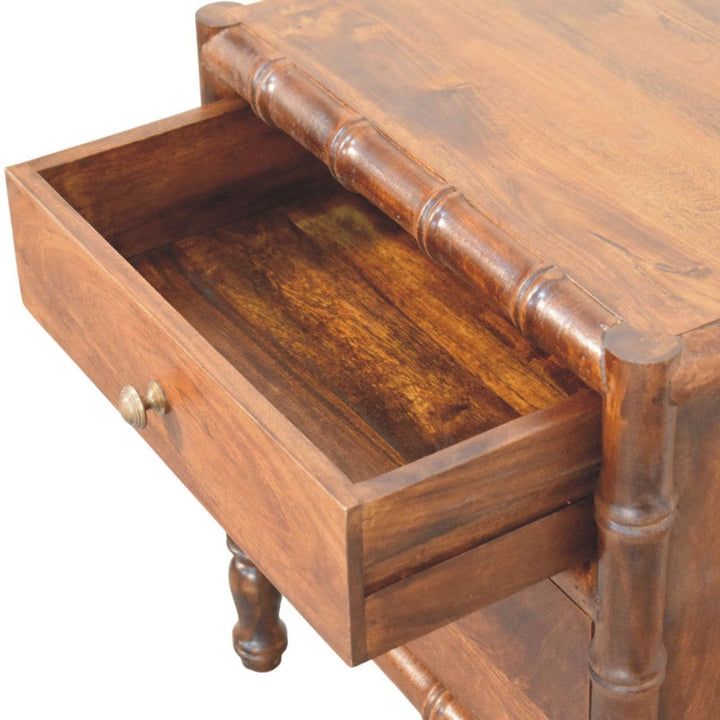 Bamboo Framed Chestnut Bedside Table - Solid Mango Wood Nightstand with Drawers - product view 5 showing handcrafted...