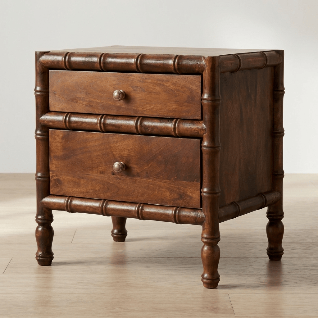 Bamboo Framed Chestnut Bedside Table - Solid Mango Wood Nightstand with Drawers - main view showing handcrafted solid...