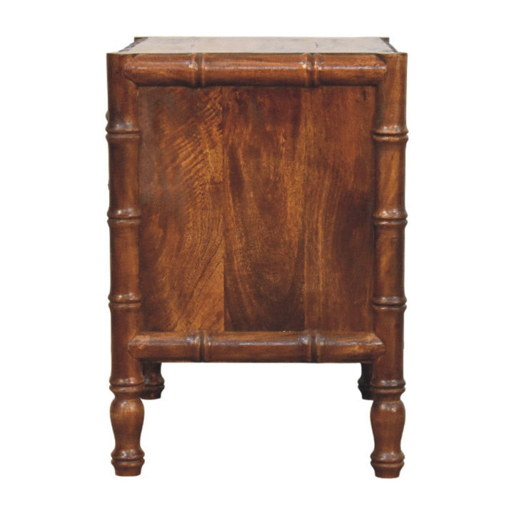 Bamboo Framed Chestnut Bedside Table - Solid Mango Wood Nightstand with Drawers - product view 7 showing handcrafted...