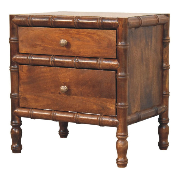 Bamboo Framed Chestnut Bedside Table - Solid Mango Wood Nightstand with Drawers - product view 3 showing handcrafted...