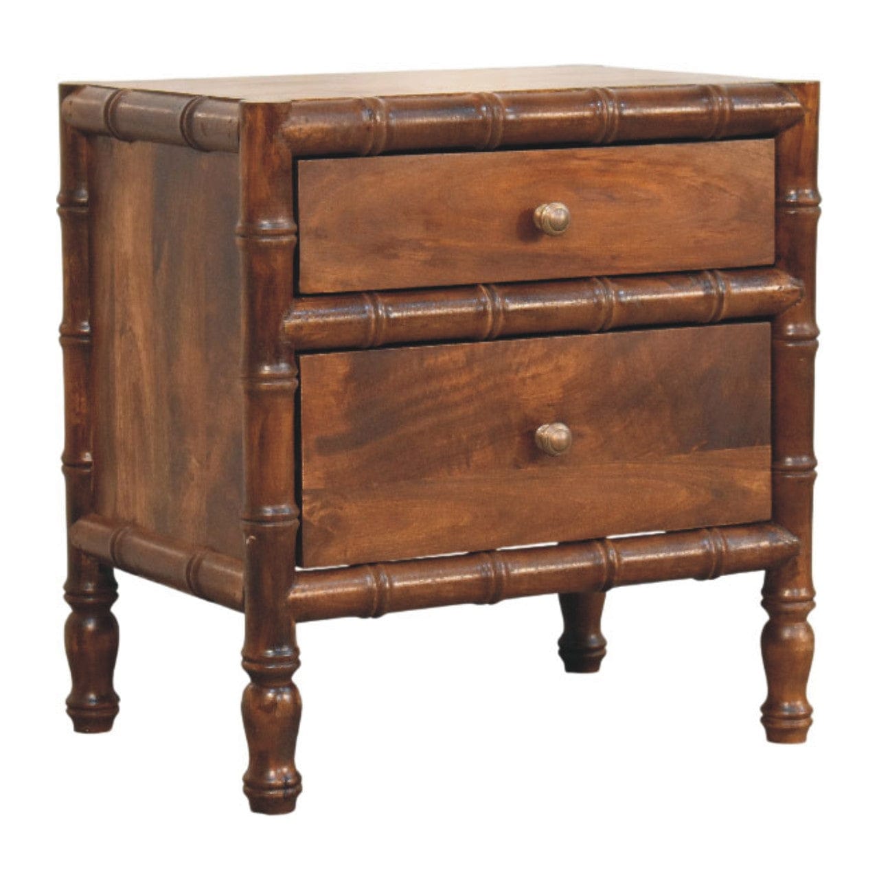 Bamboo Framed Chestnut Bedside Table - Solid Mango Wood Nightstand with Drawers - product view 2 showing handcrafted...