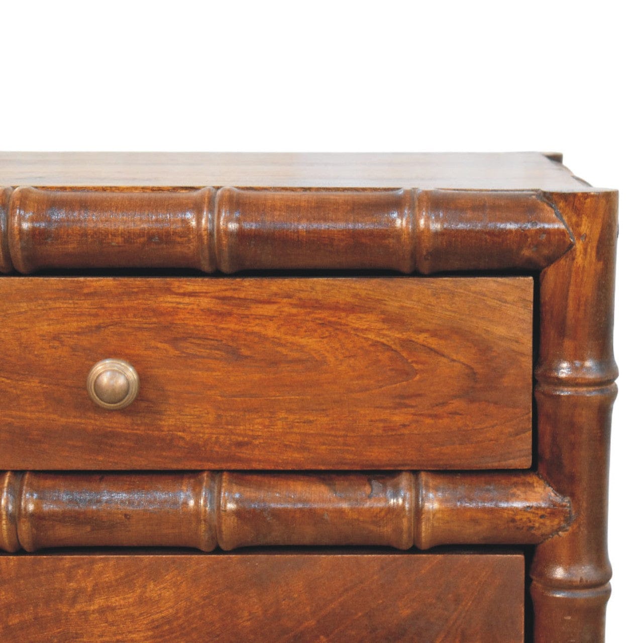 Bamboo Framed Chestnut Bedside Table - Solid Mango Wood Nightstand with Drawers - product view 4 showing handcrafted...